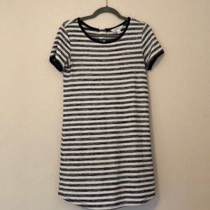 Navy and white striped shirt dress with back button detail